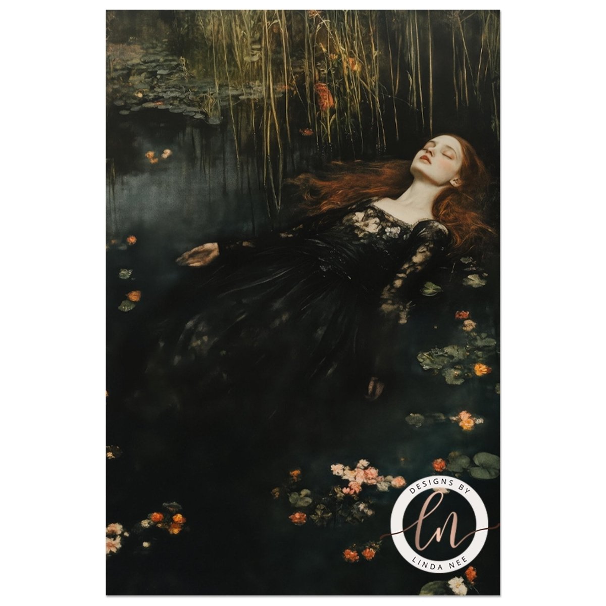 Ophelia inspired artwork of a woman lying in water with eyes closed