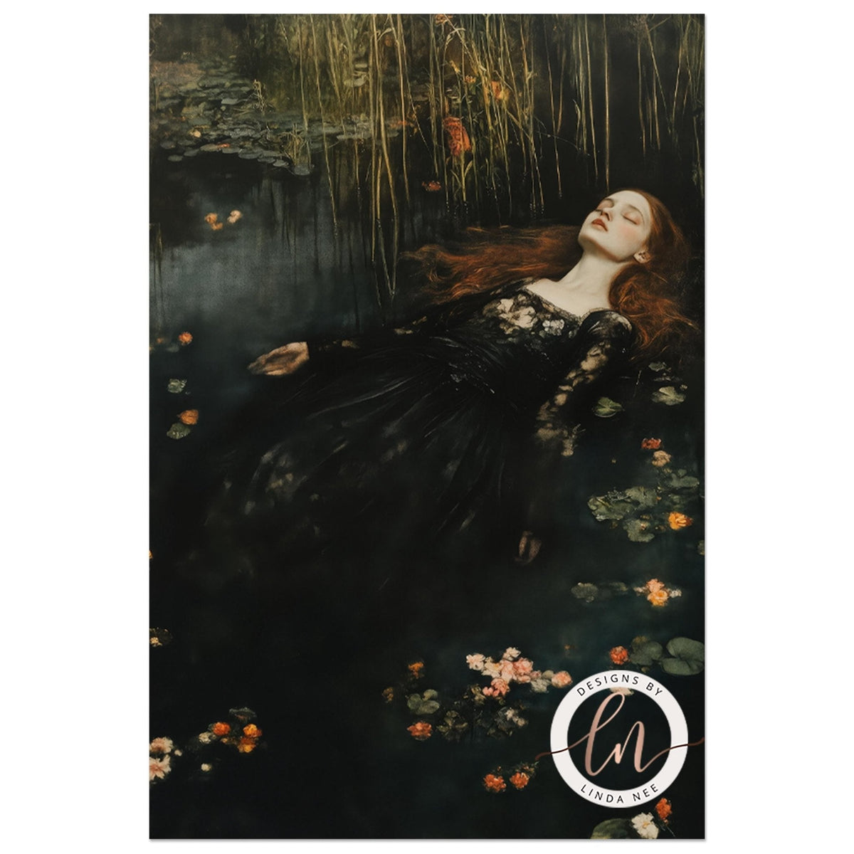 A woman in a black dress is lying down in a pond, surrounded by flowers and plants, with her eyes closed and her head resting on her hands.