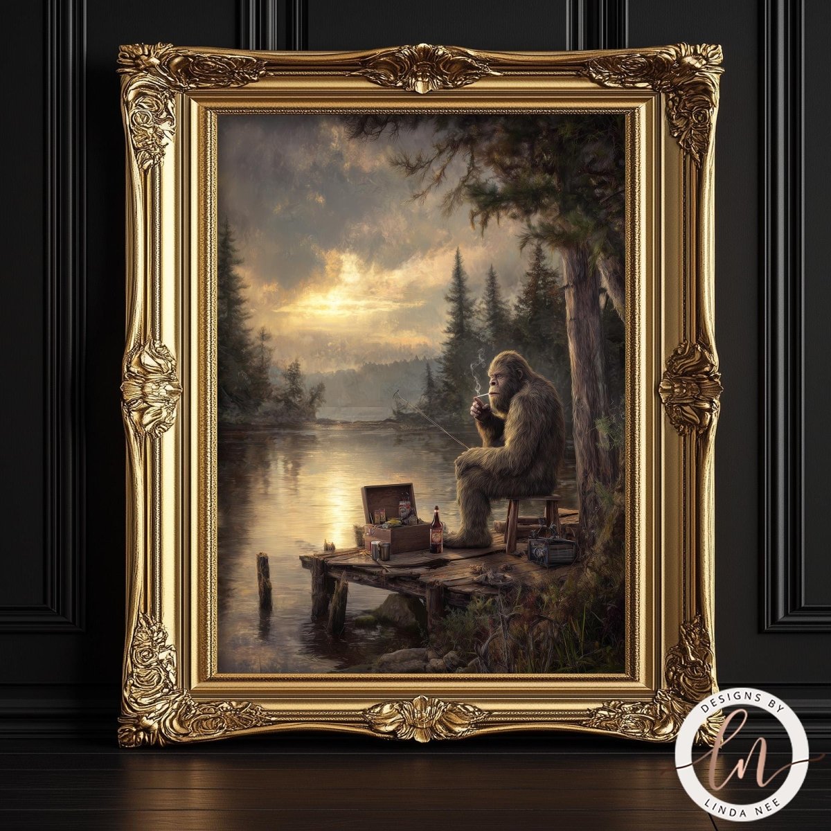 A painting of a gorilla sitting on a dock, smoking a pipe and gazing out at a lake surrounded by trees.