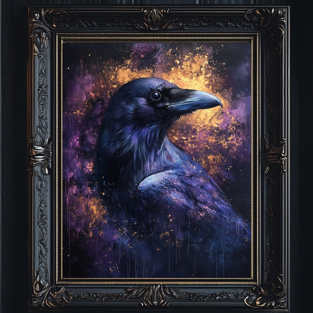 Black raven portrait rendered in vivid purple and orange color