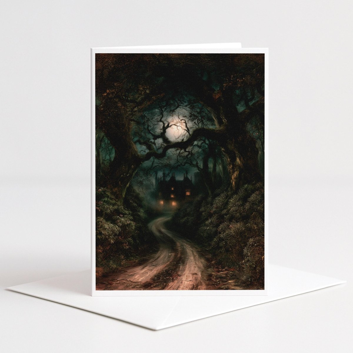 5x7 literary note card featuring a winding drive beneath dark twisted trees leading toward a shadowed gothic English estate with softly glowing windows, rendered in deep green, black, brown, cream, and amber tones with a textured painterly finish.
