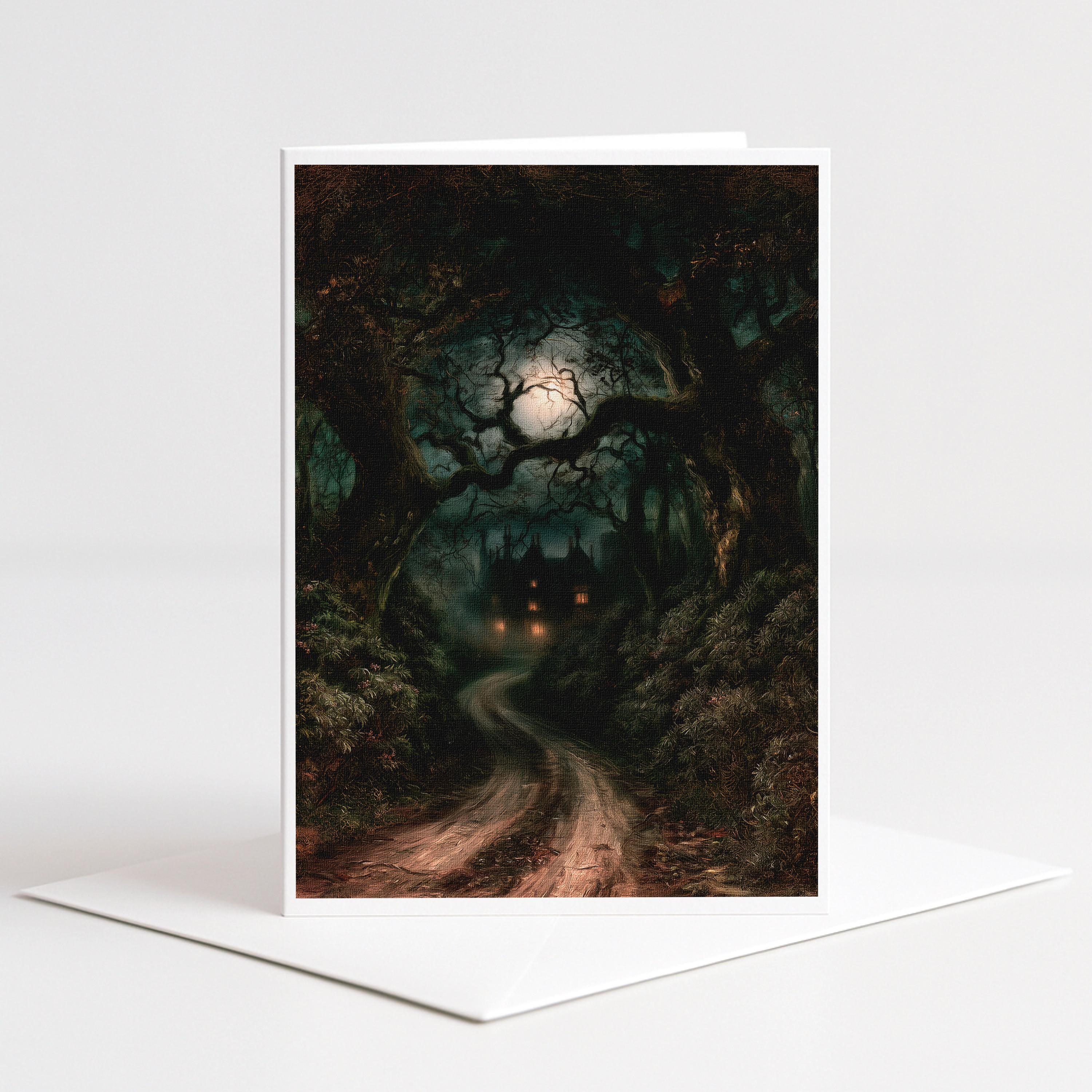 5x7 literary note card featuring a winding drive beneath dark twisted trees leading toward a shadowed gothic English estate with softly glowing windows, rendered in deep green, black, brown, cream, and amber tones with a textured painterly finish.