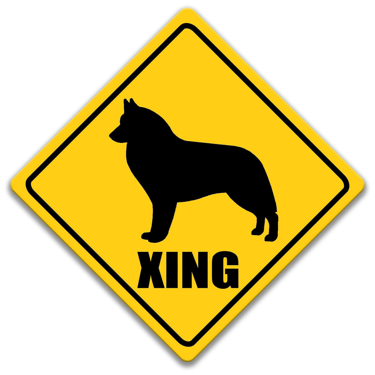 A yellow diamond-shaped road sign with a black silhouette of a dog and the word "XING" below it.