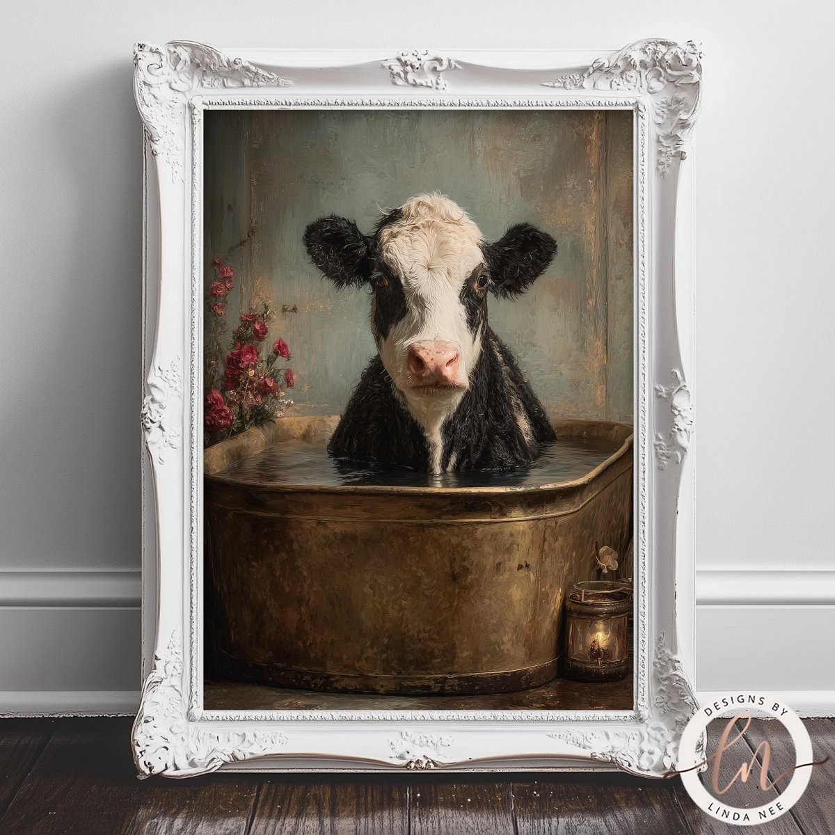 A black and white cow is sitting in a large metal tub filled with water, surrounded by flowers and a candle, all framed in an ornate white frame.