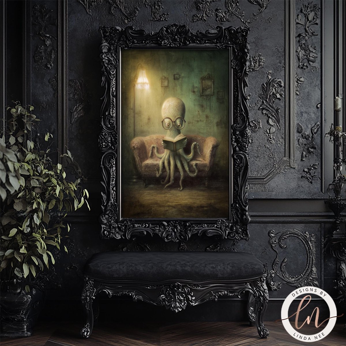 an octopus sitting on a couch, reading a book, and is framed in an ornate black frame.