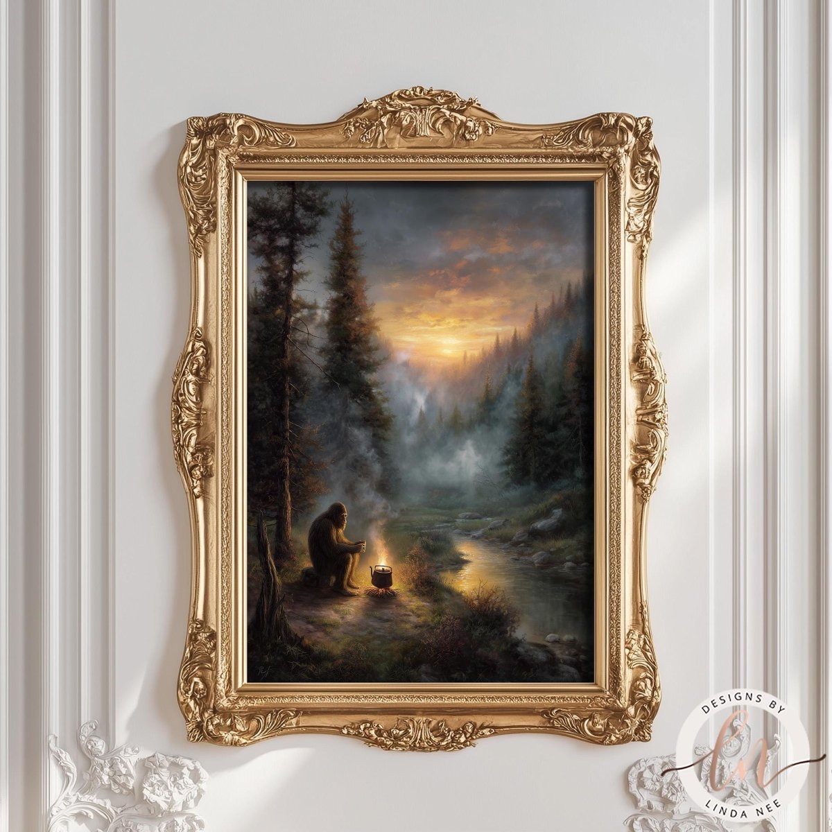 The image is a painting of a person sitting by a campfire in a forest, with a beautiful sunset in the background.