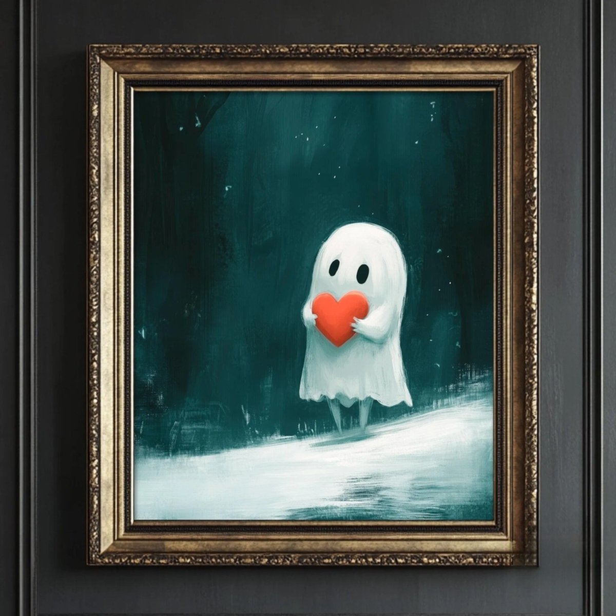 A framed painting depicting a ghost holding a red heart against a dark green background.
