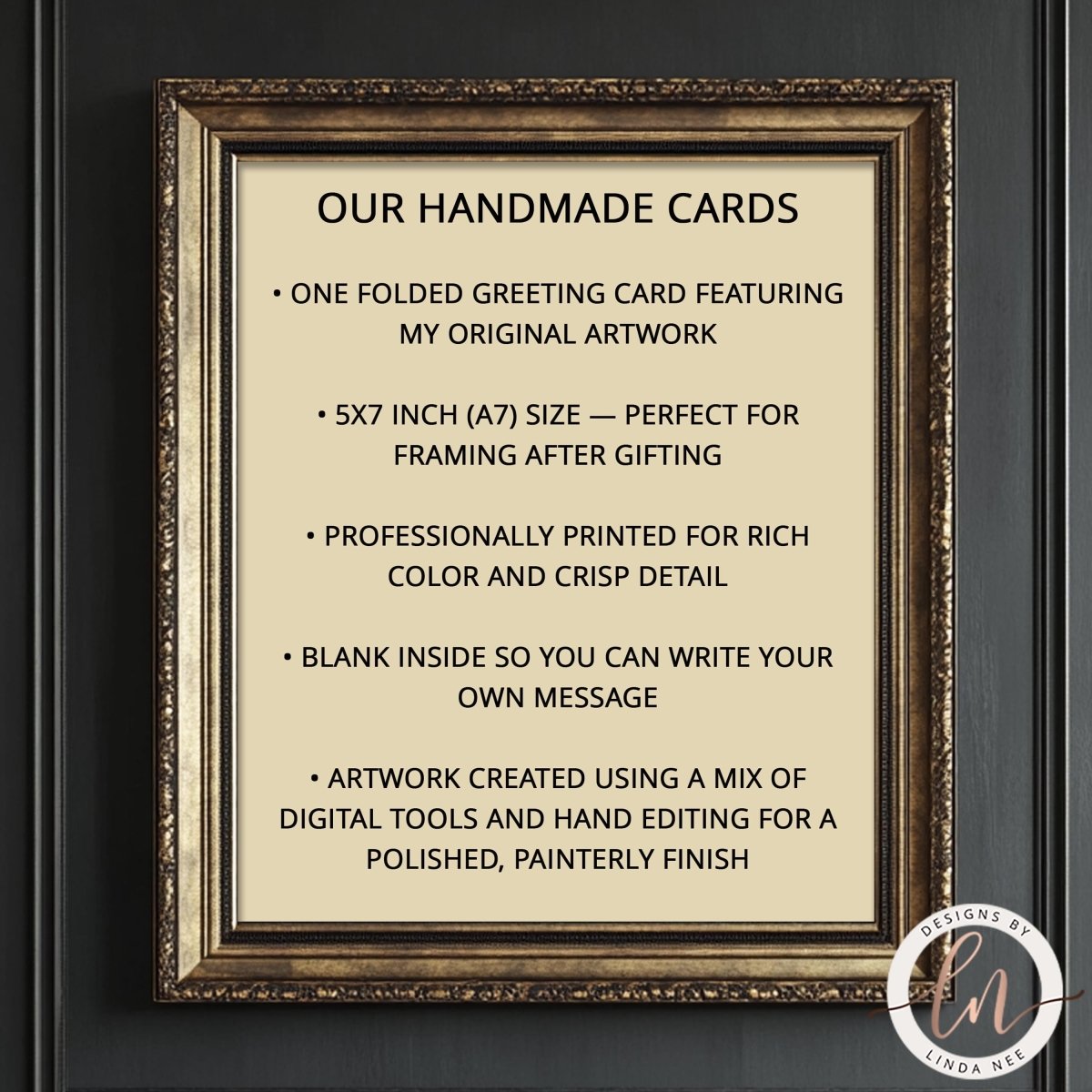 Framed description of handmade cards with gold frame and black text on a dark background