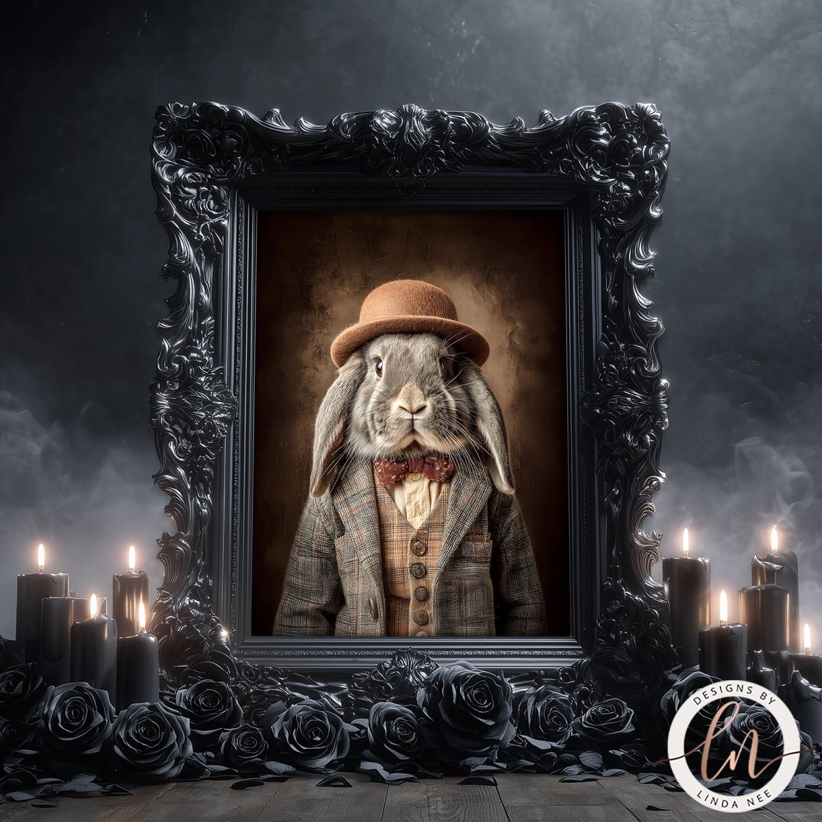 A portrait of a rabbit wearing a hat and coat, framed in an ornate black frame, surrounded by candles and roses.