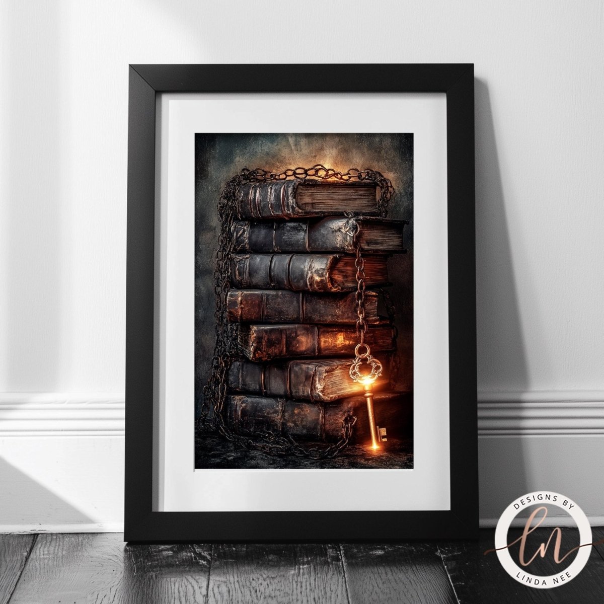 Books with a glowing key hanging from the spine