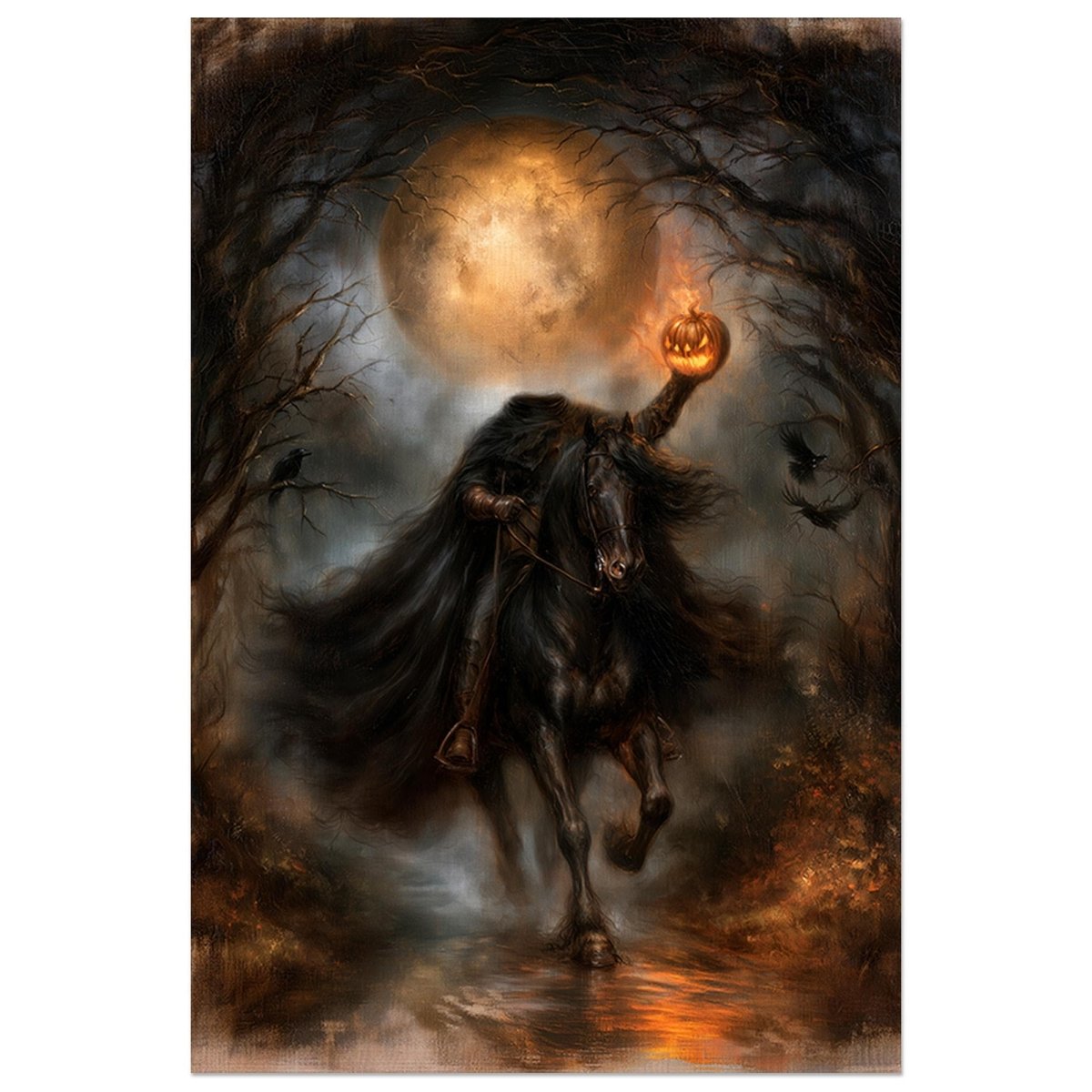 Cloaked rider on a black horse raising a glowing jack-o-lantern under a full moon