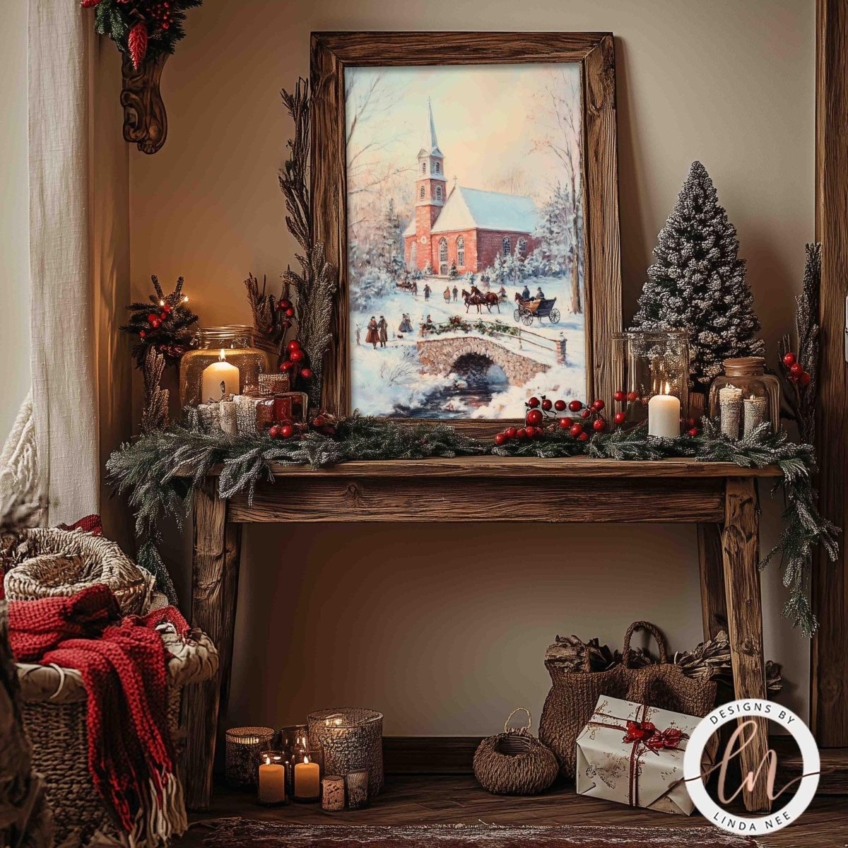 Snowy church and sleigh artwork styled on a table with a wreath and garland