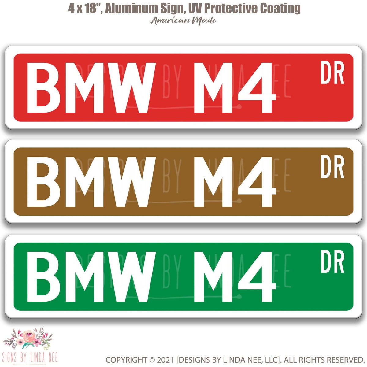 BMW M4 DR street name sign shown in three aluminum color options