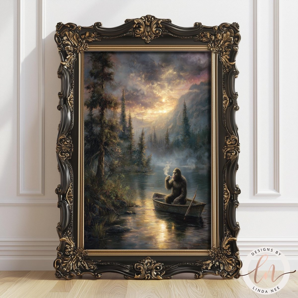 The image is a painting of a gorilla sitting in a boat on a river, surrounded by a forest landscape with a sunset sky in the background.
