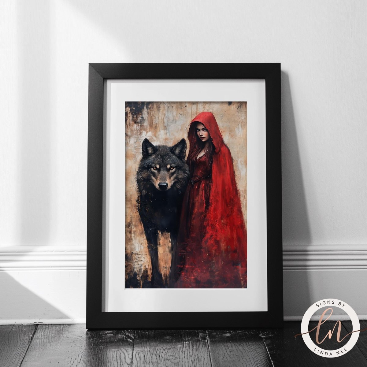 Girl and wolf standing together in a gothic styled room