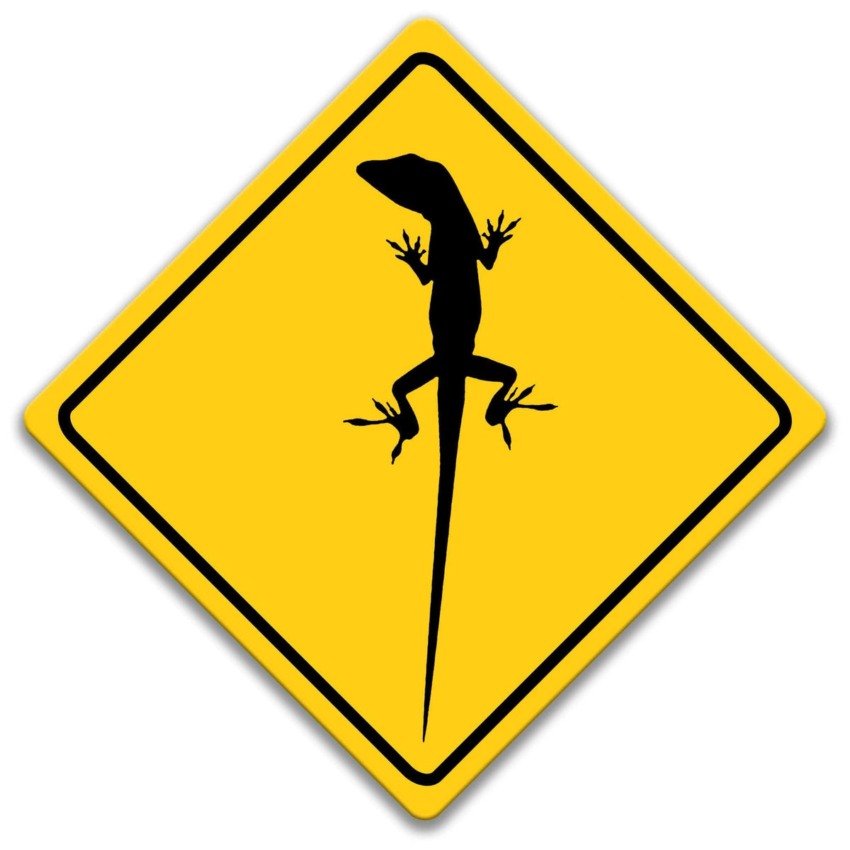 A yellow diamond-shaped road sign with a black silhouette of a lizard or salamander on it.