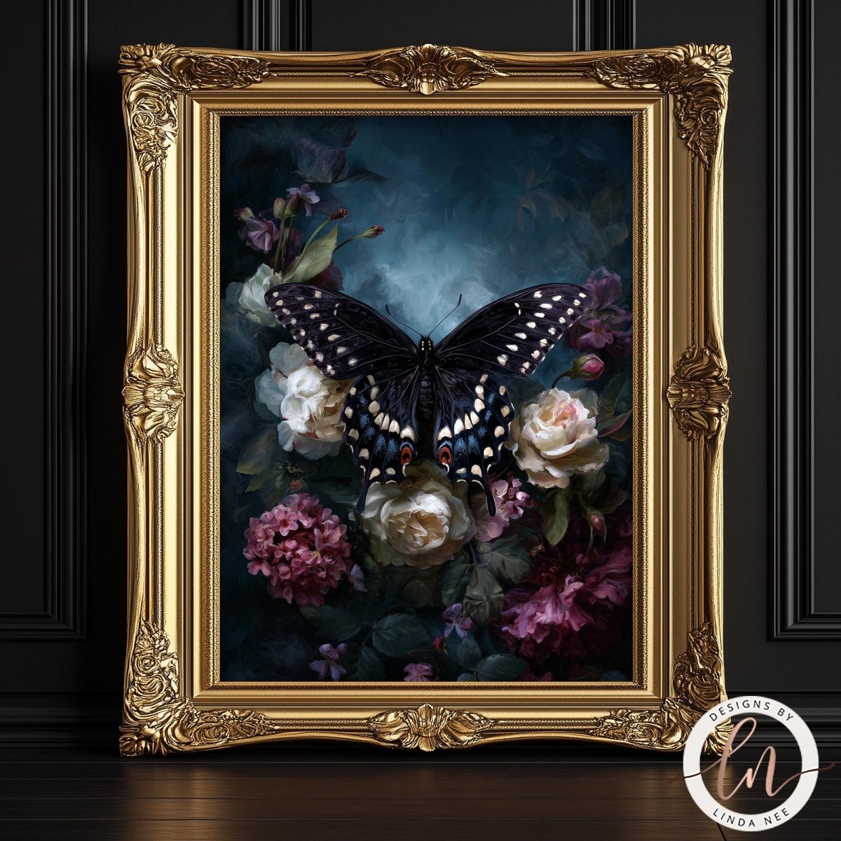 A framed painting depicting a black butterfly with white spots resting on a floral arrangement of pink and white flowers.