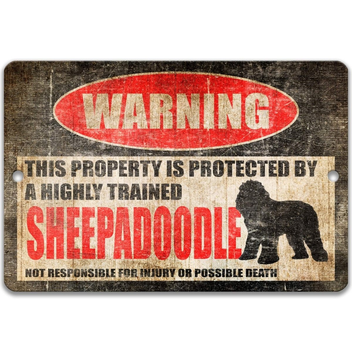 Sheepadoodle warning metal sign, Sheepadoodle dog silhouette beside bold red WARNING lettering, 'not responsible for injury or possible death'
