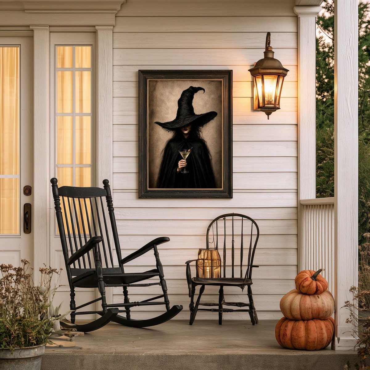 Farmhouse porch with stacked pumpkins, a rocking chair, and the gothic witch portrait above