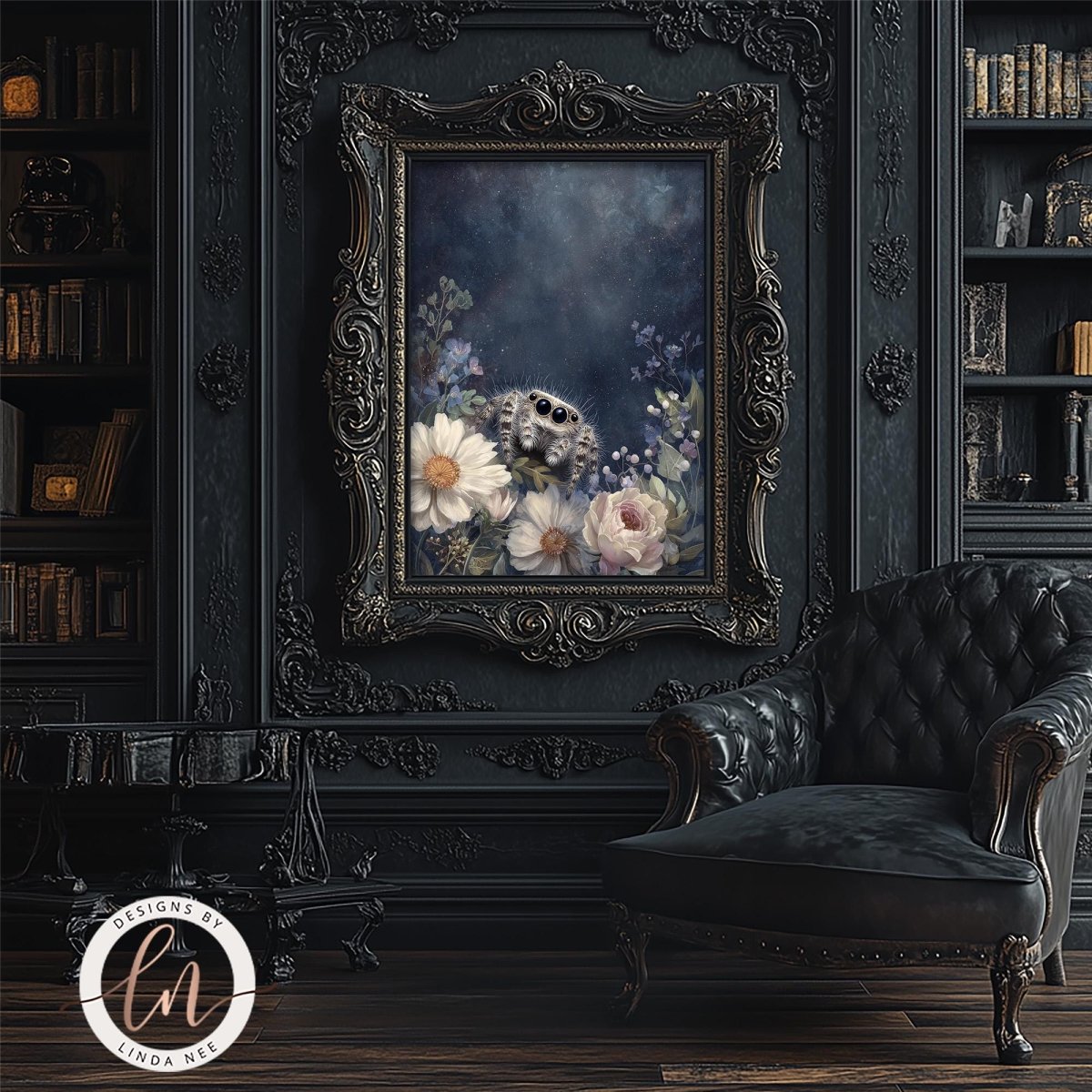 a dark, ornate room with a large, ornate painting of flowers hanging on the wall. The painting is framed in an elaborate, gilded frame. In the foreground, there is a black leather armchair, and a bookshelf filled with books can be seen in the background.