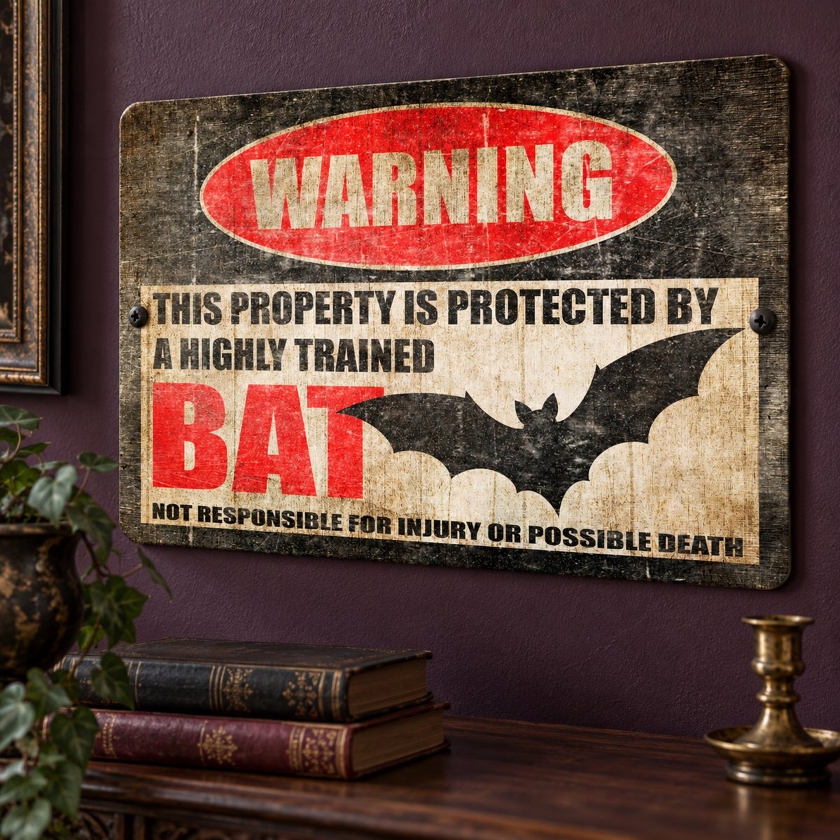 Highly trained bat metal warning sign with a bat silhouette and the not responsible for injury or possible death line