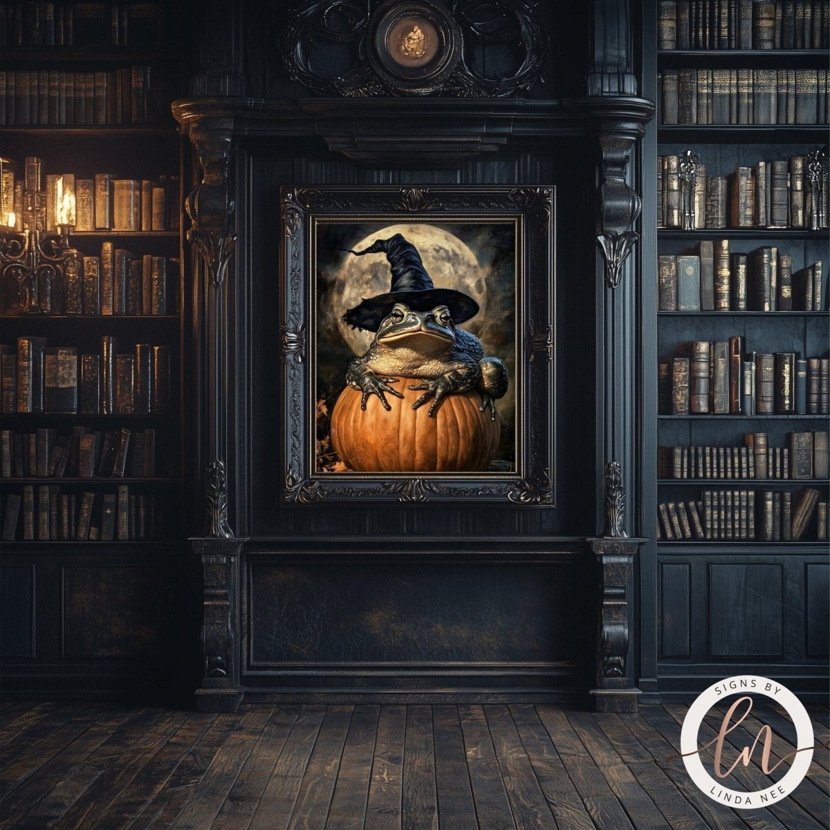 Samhain toad artwork displayed in a dark room with bookshelves and a chandelier