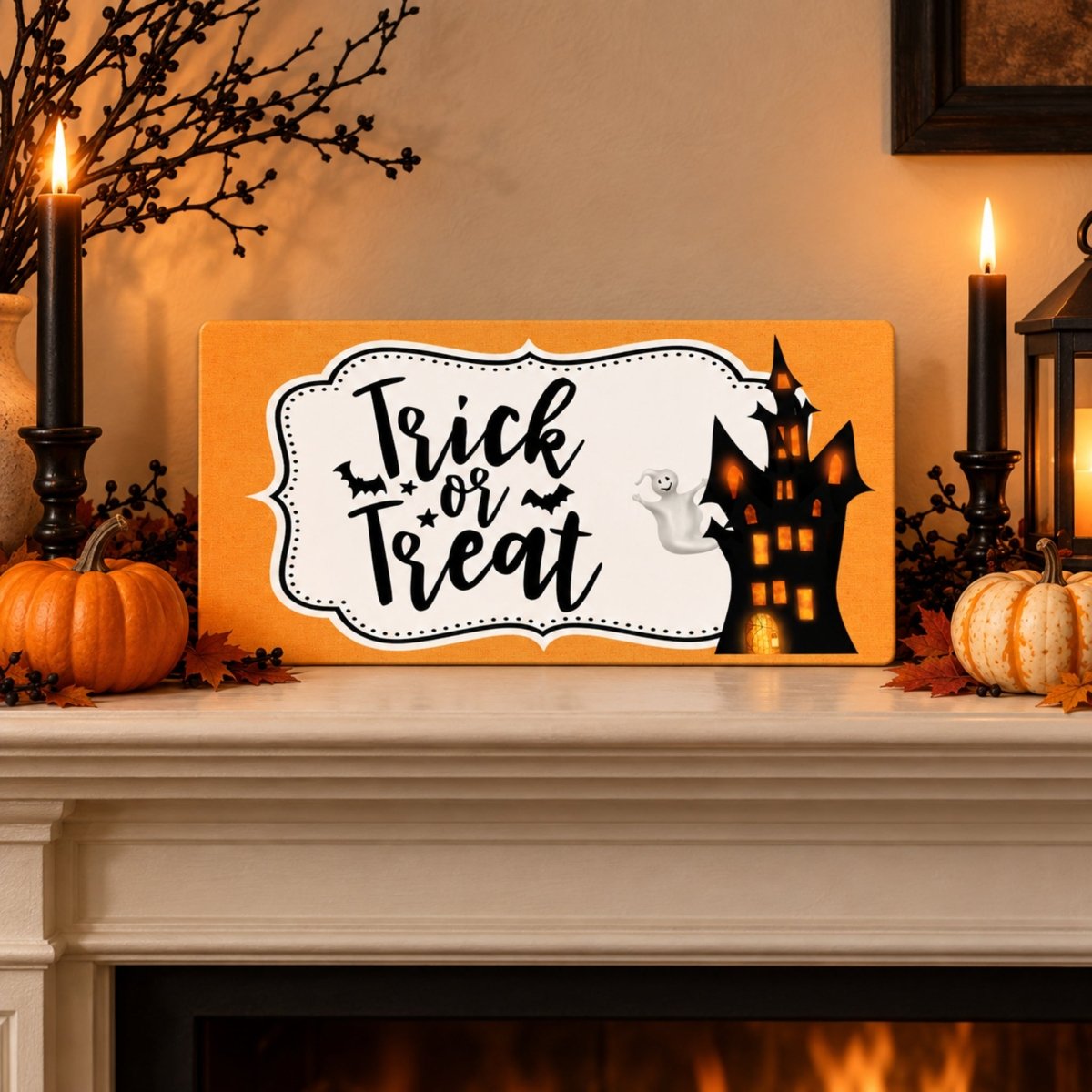 Haunted Castle Trick or Treat sign on a mantel with Halloween decor