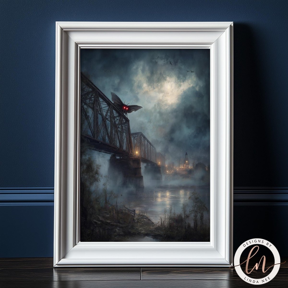 The image is a framed painting depicting a bridge with a large, glowing insect perched on it, set against a dark, misty landscape.