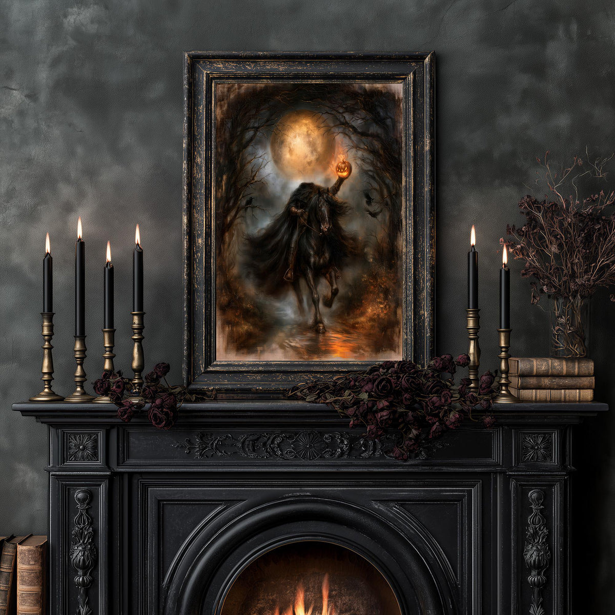 Gothic folklore artwork shown framed, the rider's lantern glowing in the dark