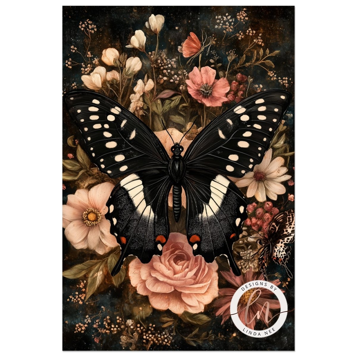 A detailed illustration of a black butterfly with white spots, surrounded by a vibrant floral arrangement of pink and white flowers, including roses and other blooms.