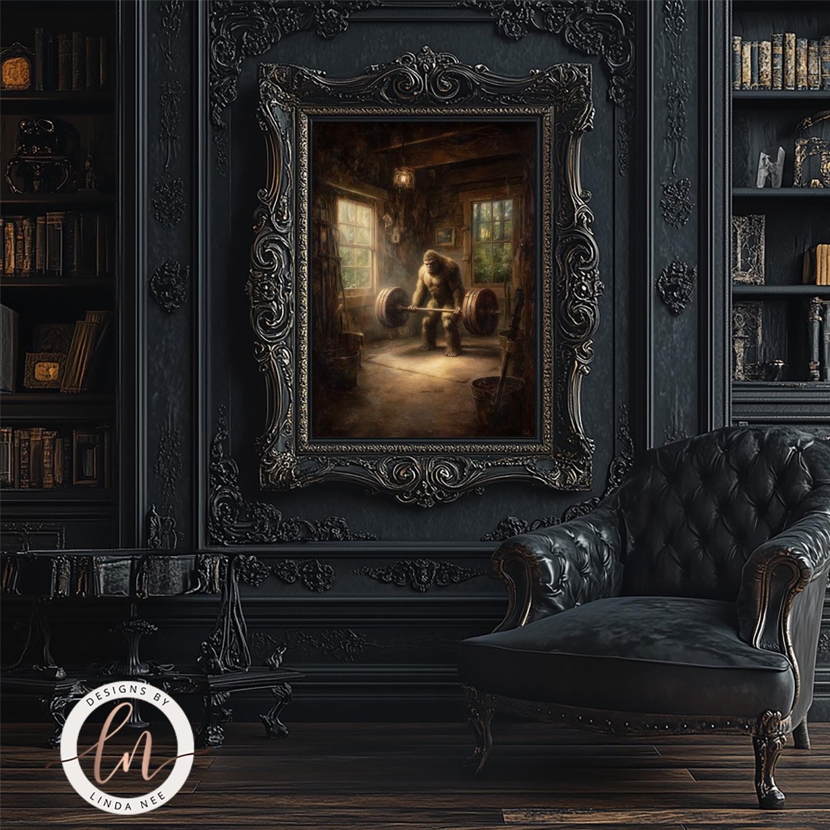 a dark, ornate room with a large, ornate painting of a man lifting weights hanging on the wall. In the foreground, there is a black leather armchair, and a bookshelf filled with books can be seen in the background.