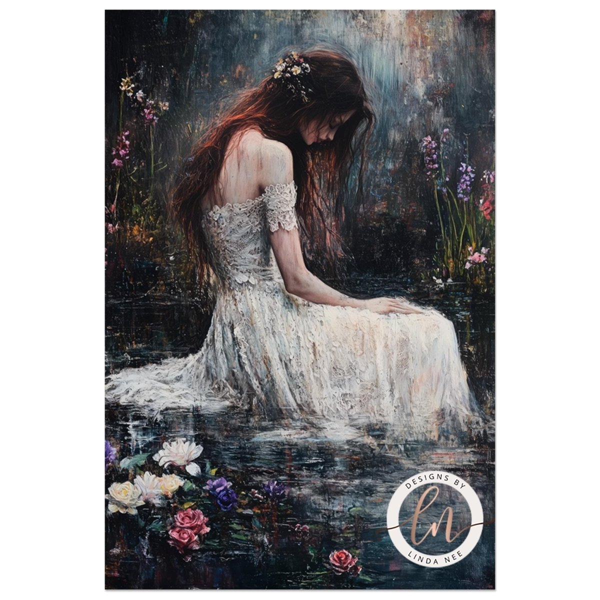 Woman in flowing white dress in a lush garden pond with vibrant blooms