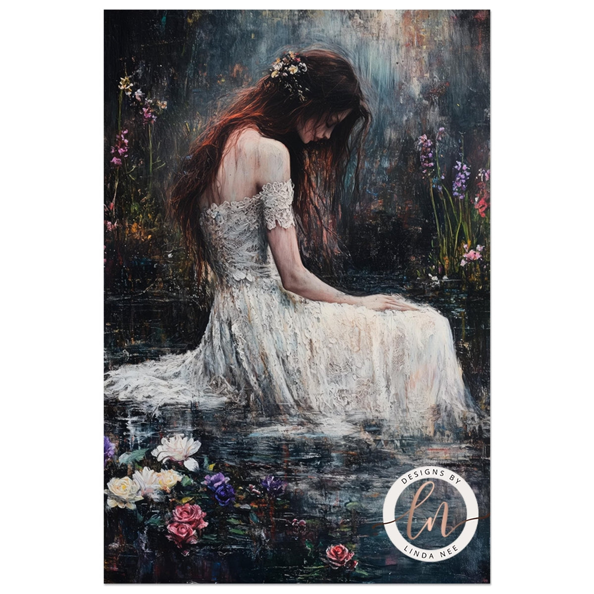 A woman in a flowing white dress sits in a lush, colorful garden, surrounded by vibrant flowers and foliage.