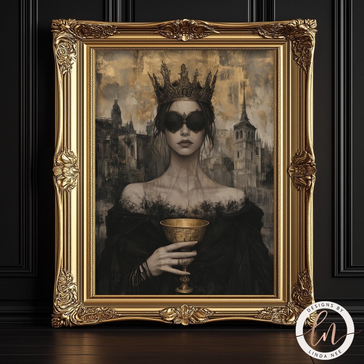 The image is a framed artwork depicting a woman wearing a crown and holding a golden chalice.