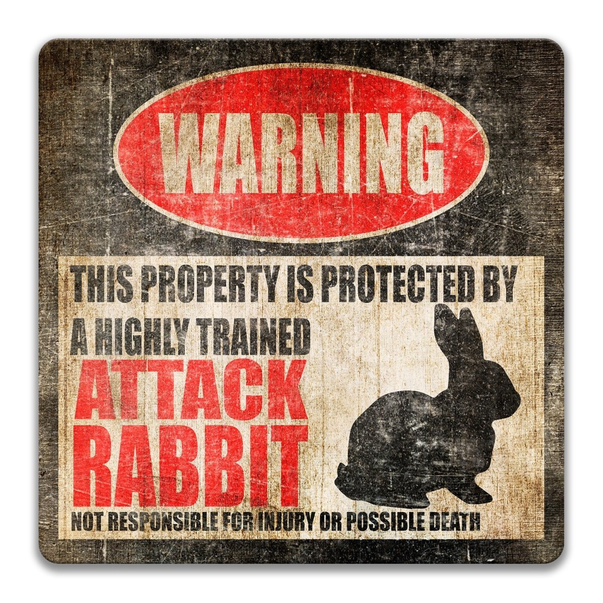 Attack Rabbit warning sign, red WARNING banner and large rabbit silhouette, funny Attack Rabbit lover gift, aluminum with rounded corners