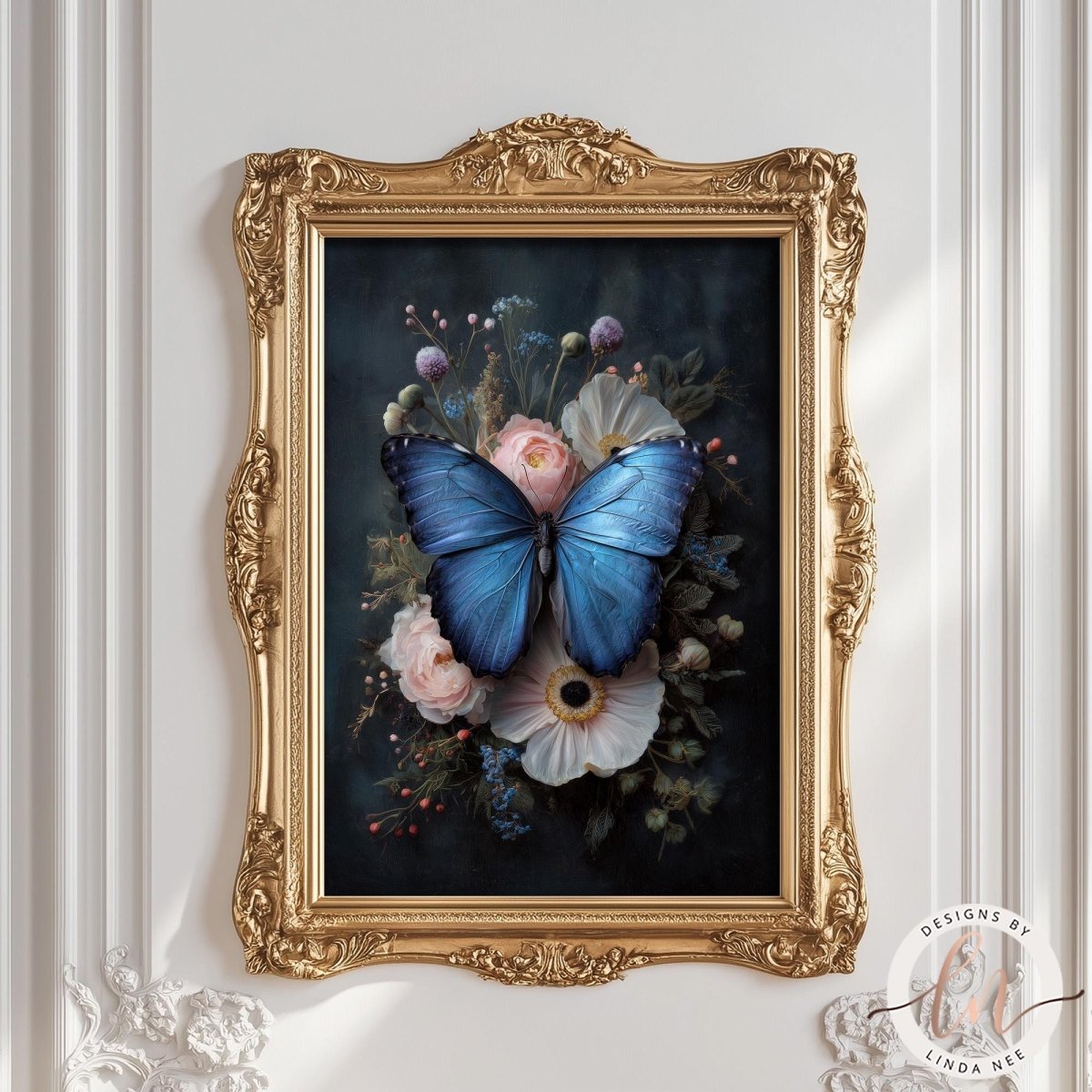 a beautiful blue butterfly resting on a floral arrangement, which is displayed in an ornate gold frame.