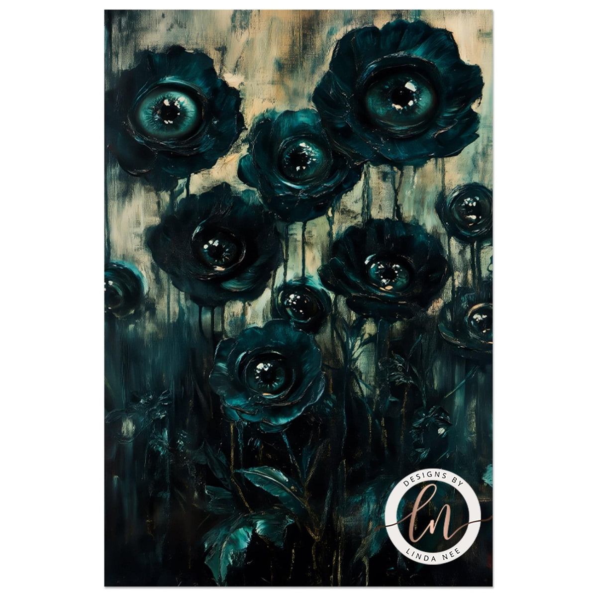 a dark, elegant room with a large, ornate painting of green roses hanging on the wall. The room has a black leather chair and a bookshelf filled with books, creating a sophisticated and cozy atmosphere.