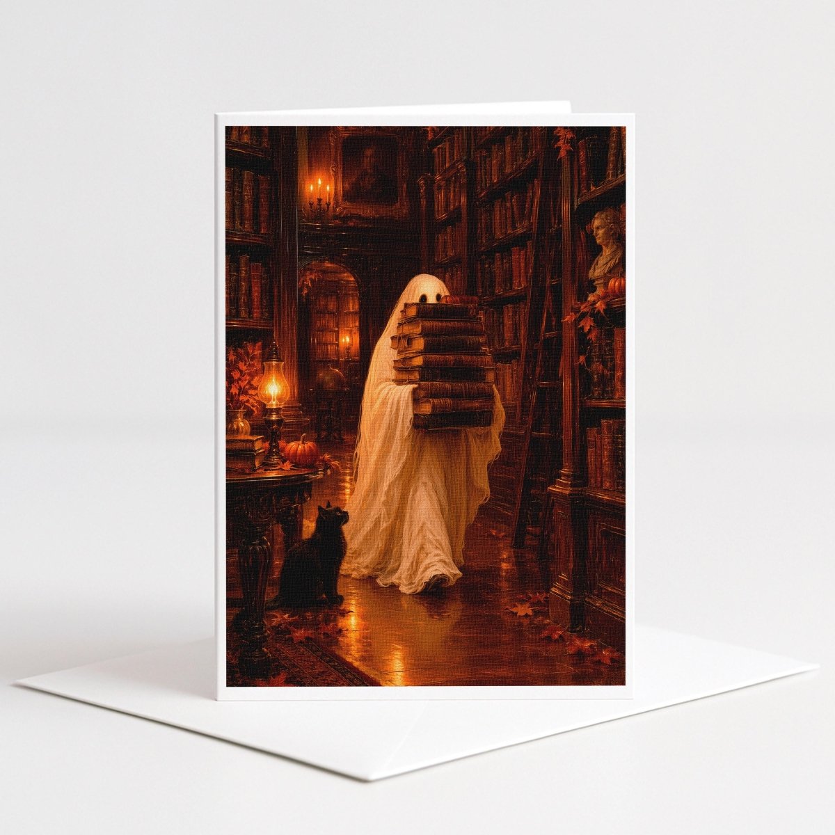 Ghost carrying a tall stack of books past a black cat in a candlelit library, Halloween note card art