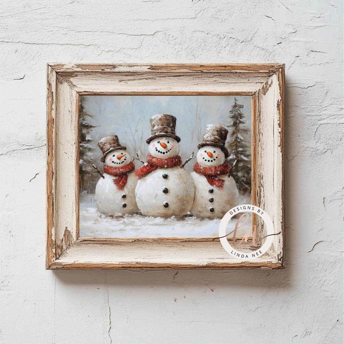 Three snowmen in a snowy landscape under a pale blue winter sky
