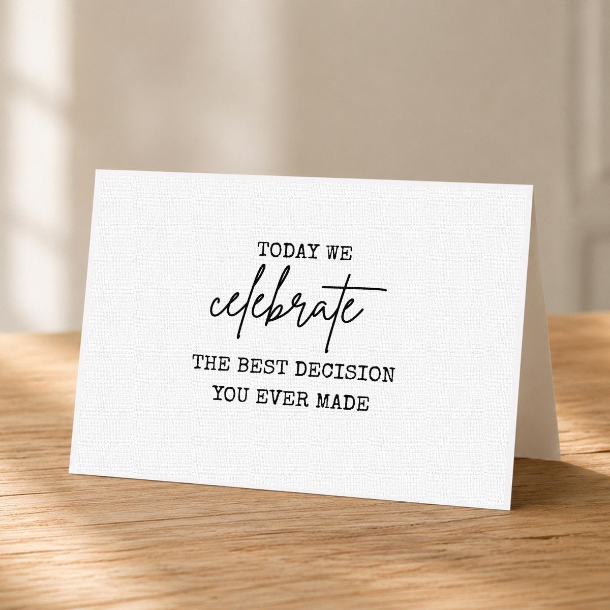 Close-up of the Best Decision You Ever Made Wedding Card showing the typewriter and script lettering.