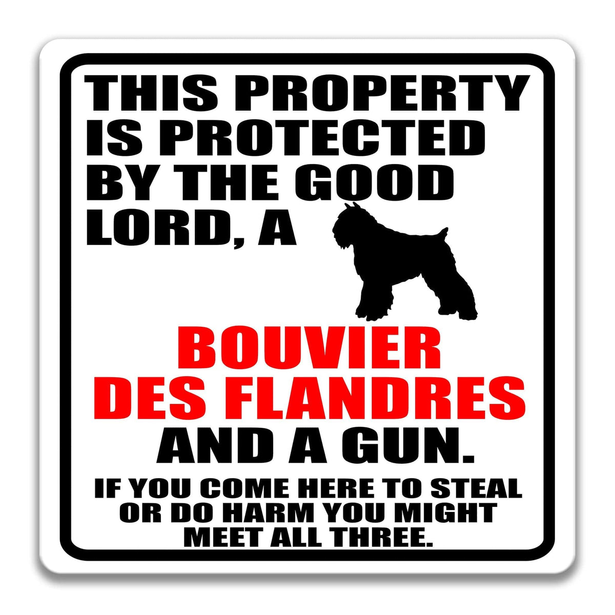 a sign with a warning message about a property being protected by a good Lord, a Bouvier des Flandres, and a gun. The sign also includes a cautionary note about potential theft or harm if someone comes to steal or harm the property.