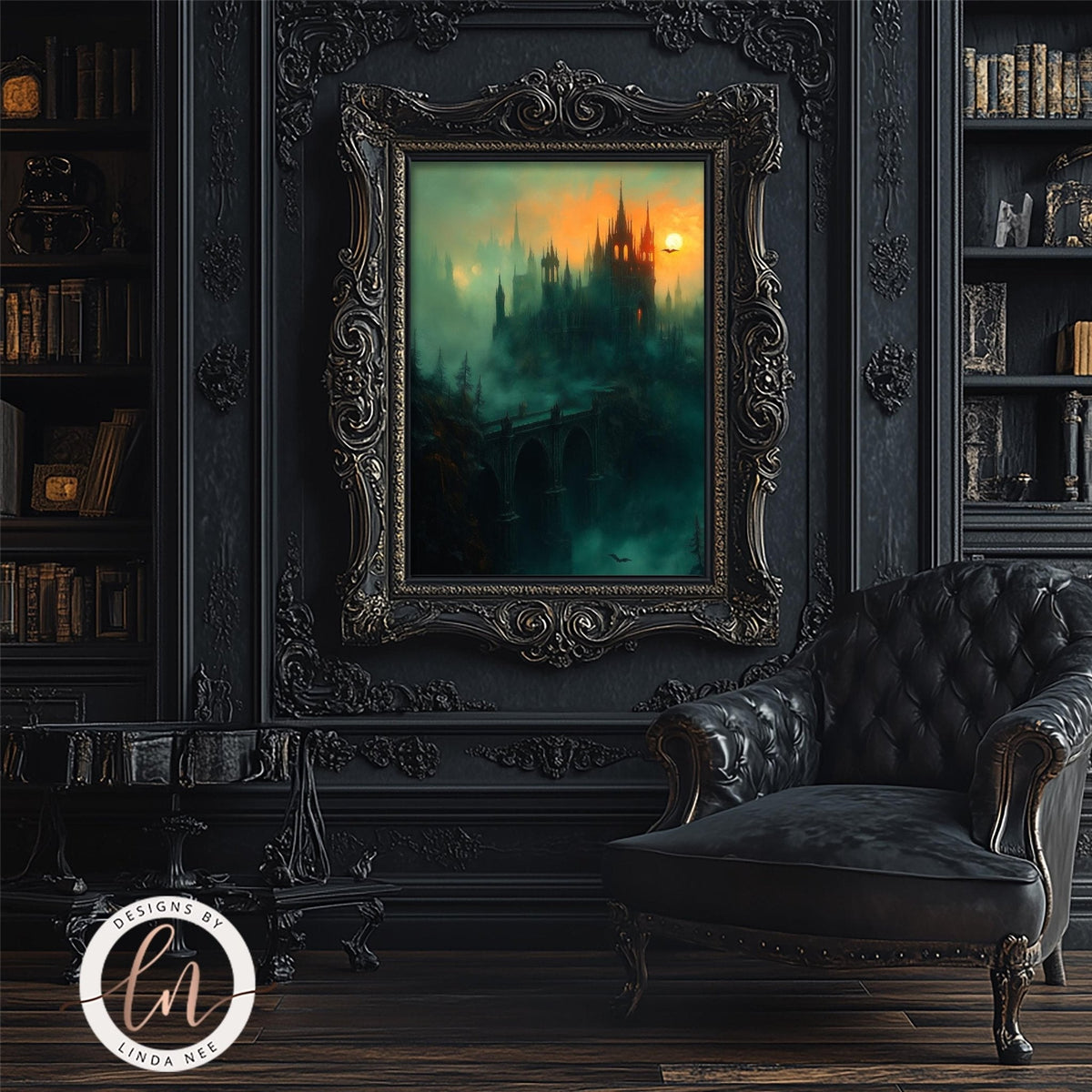 a dark, ornate room with a large, ornate picture frame hanging on the wall. The frame depicts a castle or palace-like structure, with a glowing orange and yellow sky in the background. The room also includes a black leather armchair and a bookshelf filled with books.