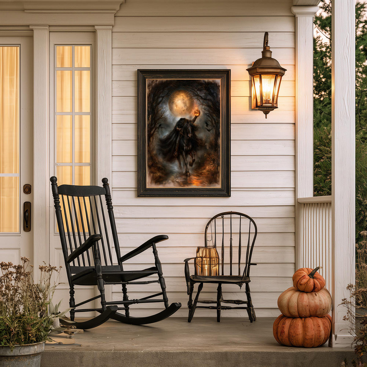 Covered porch with stacked pumpkins, a rocking chair, and the horseman print above