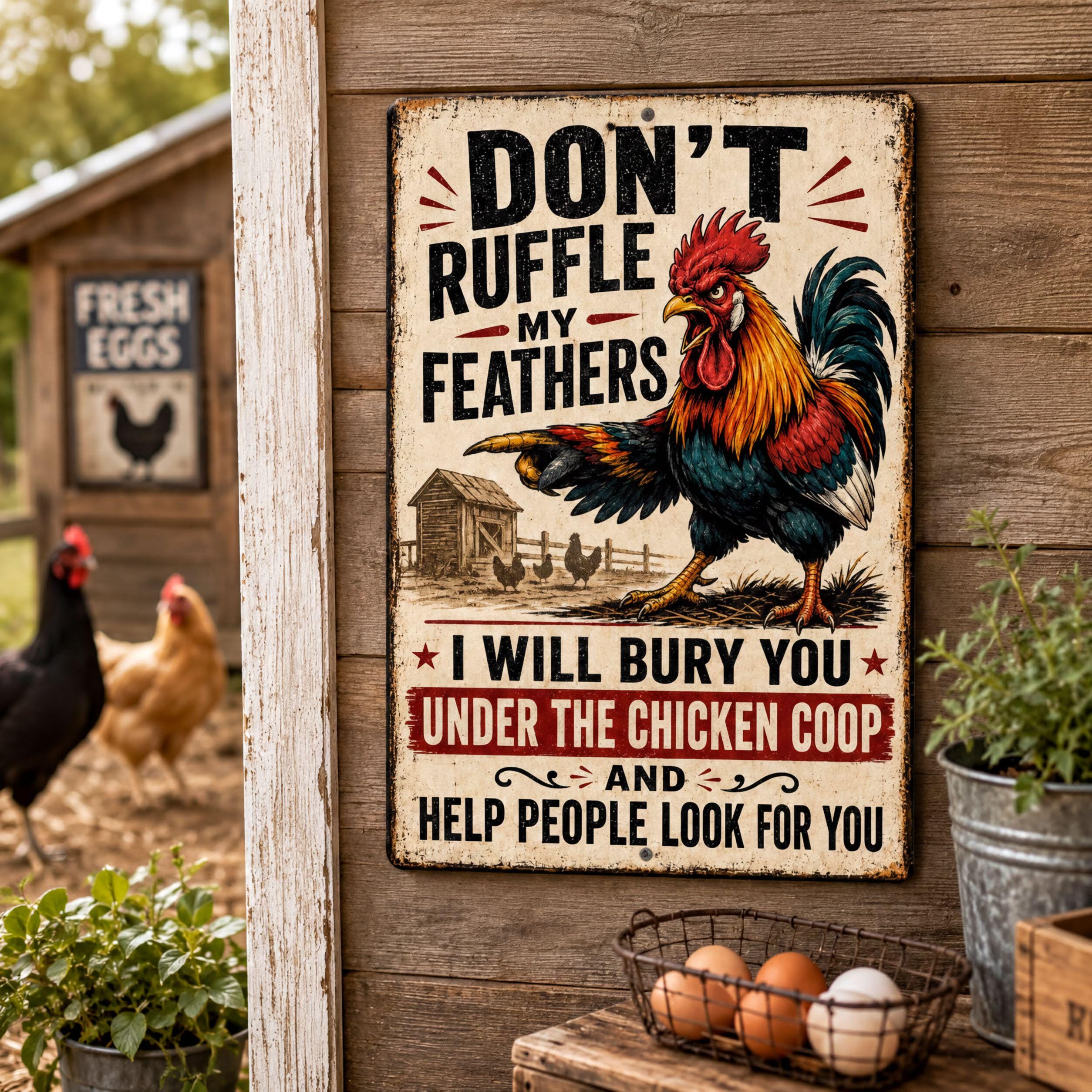 a sign with a rooster and a barn in the background, along with a humorous message about chickens.