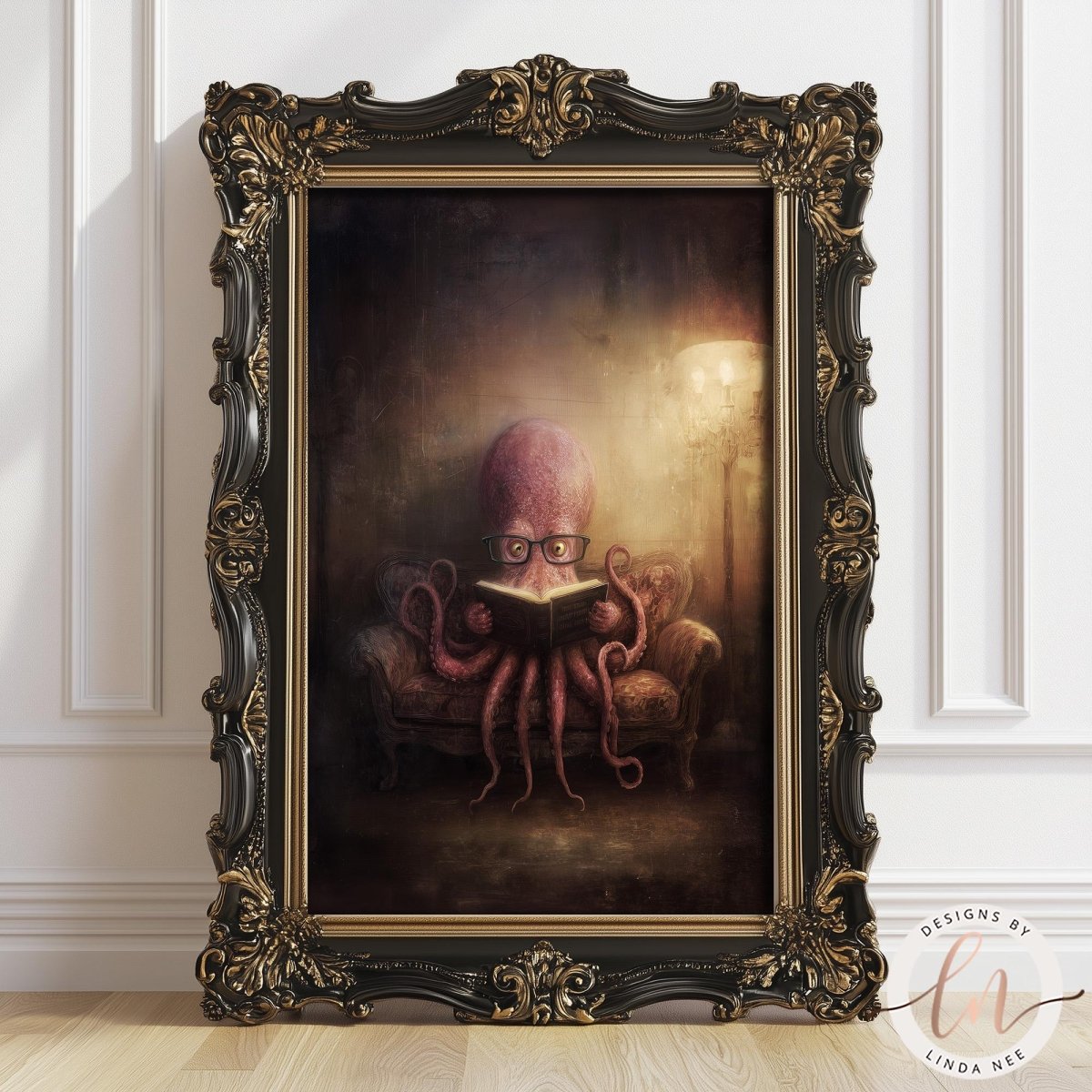 The image is a painting of an octopus sitting on a couch and reading a book.
