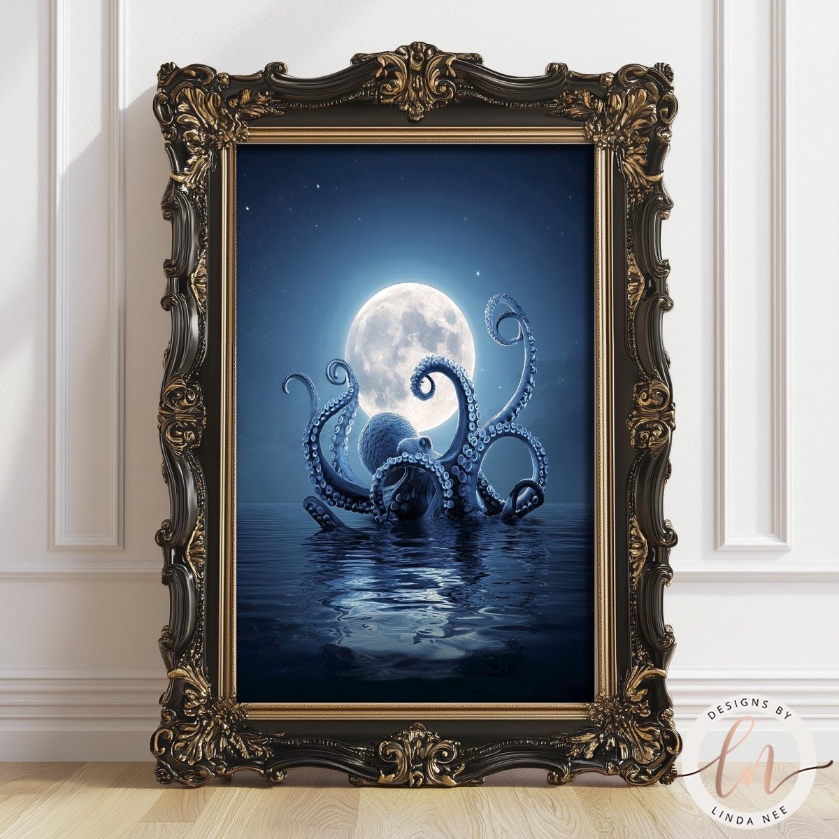 an octopus with tentacles reaching towards the moon in a dark blue ocean.