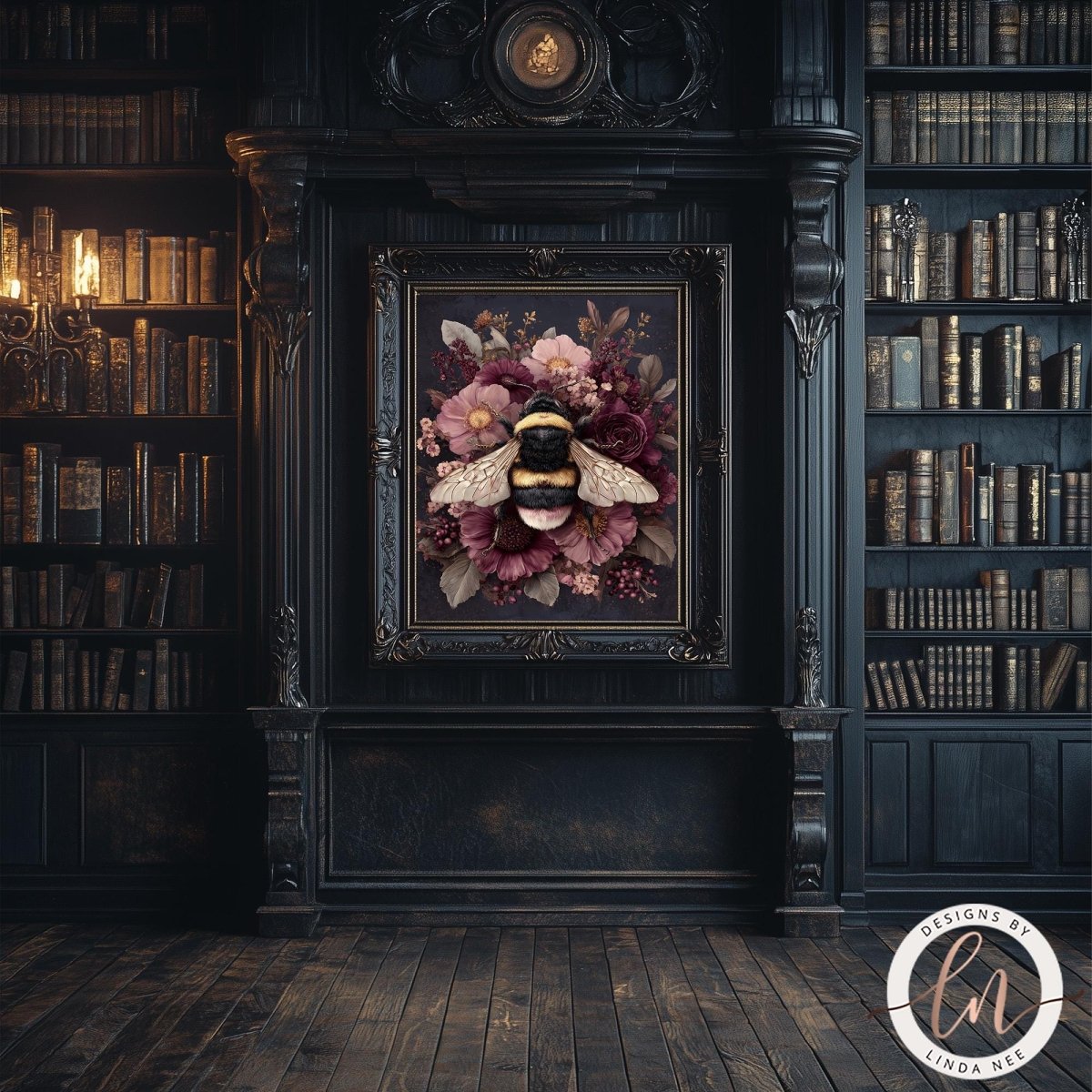 a dark, ornate room with a large bookshelf filled with books. The focal point of the room is a framed painting of a bee surrounded by a floral arrangement.