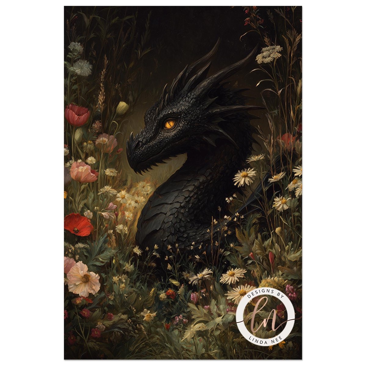 A detailed illustration of a black dragon surrounded by a lush, colorful garden filled with flowers and foliage.