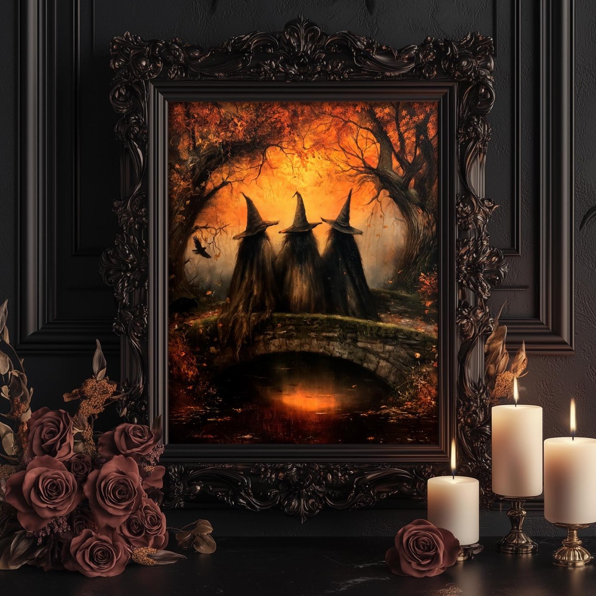 Autumn witches art print styled with candles and roses