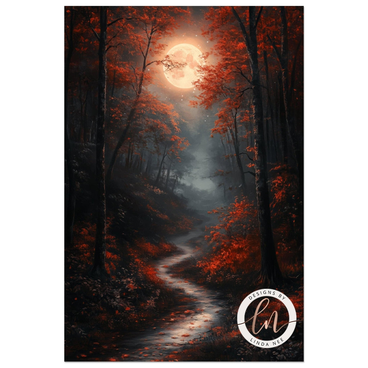 A serene forest path leads through a dense, lush landscape, with a full moon illuminating the scene and casting an ethereal glow on the surrounding trees and foliage.